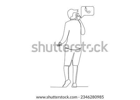 Single continuous line drawing of a a man is on the phone using whatsapp social media with a standing position looking from behind
