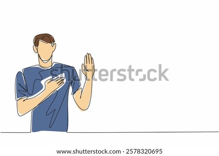 Single continuous line drawing man in casual clothes posing swear gesture. Honest and trustworthy nature. Has many friends and relations. National Honesty Day. One line design vector illustration