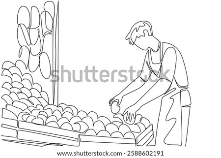 Single continuous line drawing man wearing apron is tidying up the fruit he is selling at his stall. Trader activities in the morning. National Small Business Day. One line design vector illustration