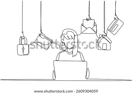 Single continuous line drawing man typing on laptop and some important icons. Differentiate passwords for digital security. National Senior Fraud Awareness Day. One line design vector illustration