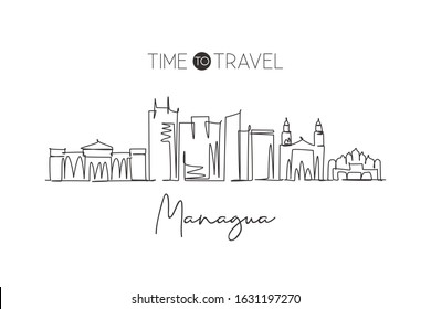 Single continuous line drawing of Managua skyline, Nicaragua. Famous city scraper landscape. World travel destination postcard concept. Editable stroke modern one line draw design vector illustration