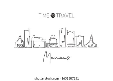 Single continuous line drawing of Manaus skyline, Brazil. Famous city scraper landscape wall home decor poster print. World travel destination concept. Modern one line draw design vector illustration