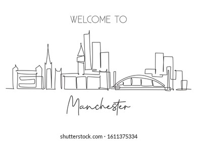 Single continuous line drawing of Manchester city skyline. Famous city skyscraper landscape in world. World travel home wall decor poster print concept. Modern one line draw design vector illustration