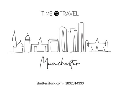 Single continuous line drawing Manchester skyline, New Hampshire. Famous city scraper landscape. World travel home wall decor art poster print concept. Modern one line draw design vector illustration