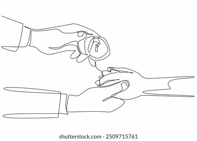 Uma linha contínua desenhando a mão do homem segurando titular anel aberto e também segurando a mão da mulher. Ambiente romântico. Pedindo para casar. Dia Nacional da Proposta. Ilustração de vetor de design de uma linha