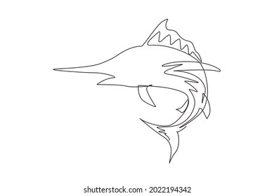 Single continuous line drawing marlin fish logo. Unique and fresh blue marlin under ocean water. Great to use to your blue marlin fishing activity mascot. Dynamic one line draw graphic design vector
