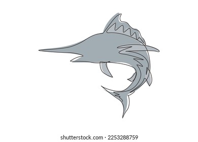Logo de un solo dibujo continuo de peces marlin. Marlin azul único y fresco bajo el agua del océano. Ideal para la mascota de la pesca de marlín azul. vector de diseño gráfico de tracción dinámica de una línea