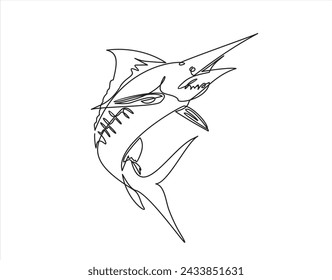 Single continuous line drawing marlin fish logo. Unique and fresh blue marlin under ocean water. Great to use to your blue marlin fishing activity mascot. Dynamic one line draw graphic design vector