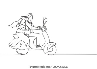 Single continuous line drawing married couple riding motorcycle  Man driving scooter   woman are passenger while hugging wearing wedding dress  Driving safely  One line draw graphic design vector