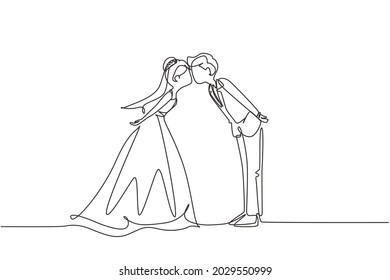 Single continuous line drawing married couple in love and kissing. Happy man wearing suit and woman with wedding dress celebrating wedding anniversary. One line draw graphic design vector illustration
