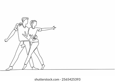 Single continuous line drawing married couple dancing on the dancefloor. Dancing to the music. Rhythm of singing. Salsa dance. Tango dance. International Dance Day. One line design vector illustration