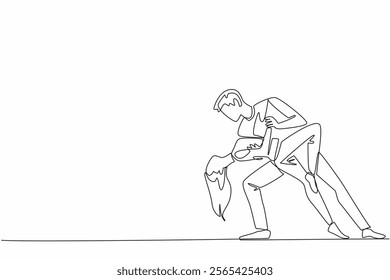 Single continuous line drawing married couple dancing on the dance floor. Like a seduction movement to the beloved wife. Romantic dance. International Dance Day. One line design vector illustration