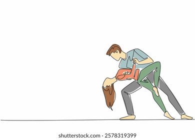 Single continuous line drawing married couple dancing on the dance floor. Like a seduction movement to the beloved wife. Romantic dance. International Dance Day. One line design vector illustration