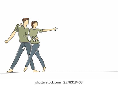 Single continuous line drawing married couple dancing on the dancefloor. Dancing to the music. Rhythm of singing. Salsa dance. Tango dance. International Dance Day. One line design vector illustration