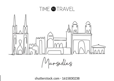 Single continuous line drawing of Marseilles city skyline, France. Famous city skyscraper landscape. World travel wall decor poster print art concept. Modern one line draw design vector illustration