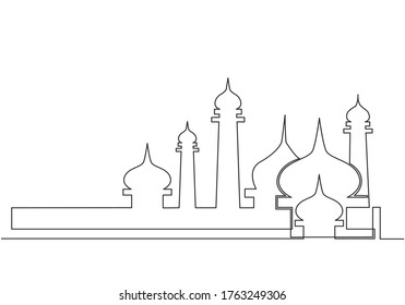 Single continuous line drawing of masjid, masjid dome and masjid tower ornament. Eid Al Fitr Mubarak and Ramadan Kareem greeting card concept one line draw design vector illustration