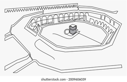 Una sola línea continua dibujando el hito de Masjidil Haram.  Ilustración vectorial de diseño de tracción dinámica de una línea. Lugar sagrado en La Meca, Arabia Saudita. Concepto de arte sobre la decoración religiosa del haj y la umrah de viaje. 