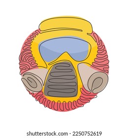 Máscara de dibujo de línea continua única con gafas y filtros de aire. Defensa y protección contra la intoxicación por humo y humo. Estilo de fondo del círculo de redondeo giratorio. Diseño gráfico dinámico de tracción de una línea