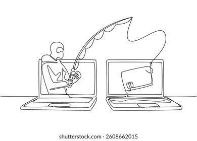 Single continuous line drawing a masked thief fishing for credit cards on a laptop screen. Hackers commit crimes. Data theft. National Senior Fraud Awareness Day. One line design vector illustration