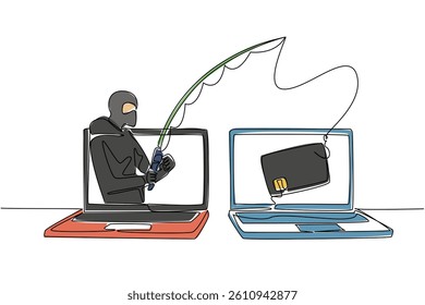 Single continuous line drawing a masked thief fishing for credit cards on a laptop screen. Hackers commit crimes. Data theft. National Senior Fraud Awareness Day. One line design vector illustration