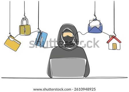 Single continuous line drawing masked thief wear hoodie typing on laptop and 5 important icons. Hack multiple accounts at once. National Senior Fraud Awareness Day. One line design vector illustration