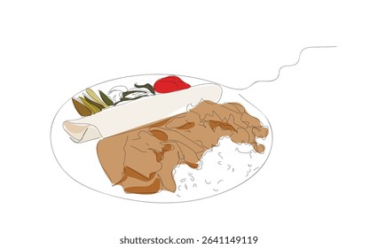 Single continuous line drawing of   meat doner menu, iskender menu on plate, turkish special meat doner, food, special menu. Hand made vector not Al