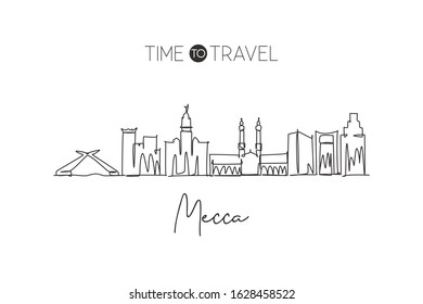 Single continuous line drawing of Mecca holy city skyline, Saudi Arabia. Famous city scraper landscape. World travel home decor wall art poster print. Modern one line draw design vector illustration
