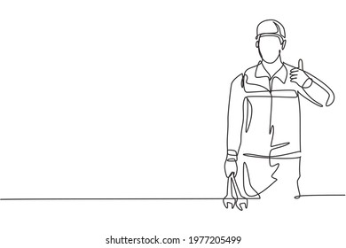 Single continuous line drawing mechanic with the gesture of lifting his thumb and holding the wrench works to fix a broken car engine in the garage. One line draw graphic design vector illustration.