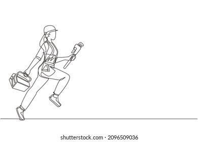 Single continuous line drawing mechanic repairwoman worker with tools is running. Technical service. Plumber with monkey wrench, toolbox run forward. One line draw graphic design vector illustration