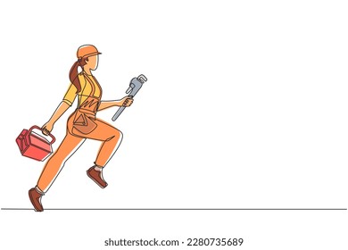 Single continuous line drawing mechanic repairwoman worker with tools is running. Technical service. Plumber with monkey wrench, toolbox run forward. One line draw graphic design vector illustration