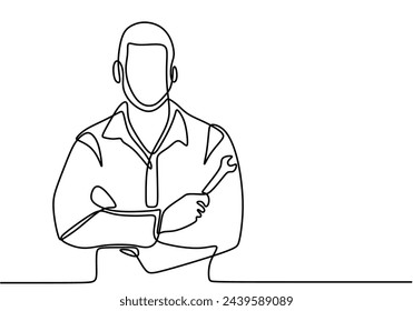 Single continuous line drawing mechanic holding the wrench works