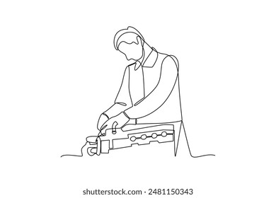 Single continuous line drawing of a mechanic was repairing a car engine. Professional work job occupation. Minimalism concept one line draw graphic design vector illustration