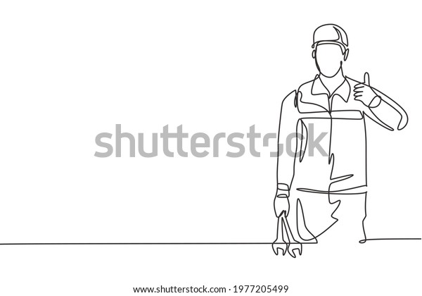 Single continuous line drawing mechanic\
with the gesture of lifting his thumb and holding the wrench works\
to fix a broken car engine in the garage. One line draw graphic\
design vector\
illustration.