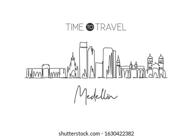 Single continuous line drawing of Medellin city skyline, Colombia. Famous city scraper and landscape. World travel destination concept. Editable stroke modern one line draw design vector illustration