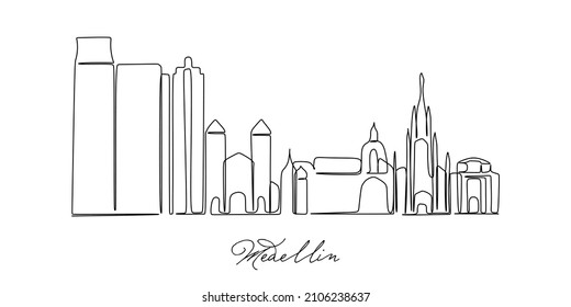 Einmalige, durchgehende Linienzeichnung der Skyline Medellin, Kolumbien. Berühmte Stadtlandschaft. World Travel Home Wanddekor Art Poster Print Konzept. Modernes Einzeilendesign, Vektorgrafik 