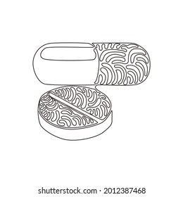 Single continuous line drawing medical pill and tablet icon. Medicine pills or tablets, capsules. Drugs and pills symbol. Swirl curl style. Dynamic one line draw graphic design vector illustration