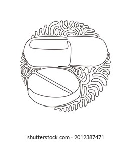 Single continuous line drawing medical pill and tablet icon. Medicine pills or tablets, capsules. Drugs and pills symbol. Swirl curl circle background style. One line draw graphic design vector