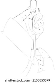 Einzelne durchgehende Linie, die medizinische Nadel und die Arzthandschaft zeichnet. Handgezeichnete medizinische Nadel, Krankheit und Behandlung. Illustration medizinisches Konzept.