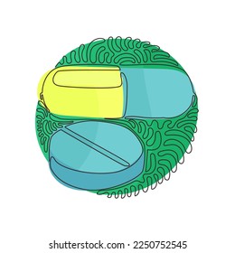Single continuous line drawing medical pill and tablet icon. Medicine pills or tablets, capsules. Drugs and pills symbol. Swirl curl circle background style. One line draw graphic design vector
