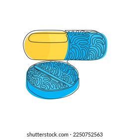 Single continuous line drawing medical pill and tablet icon. Medicine pills or tablets, capsules. Drugs and pills symbol. Swirl curl style. Dynamic one line draw graphic design vector illustration