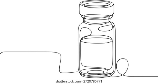 Eine einzelne durchgehende Linie einer Durchstechflasche aus medizinischem Glas, die ein flüssiges Medikament enthält.