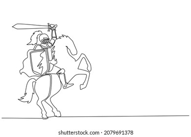 Single continuous line drawing medieval armed knight riding horse. Historical ancient military character. Prince with sword and shield. Ancient fighter. Dynamic one line draw graphic design vector