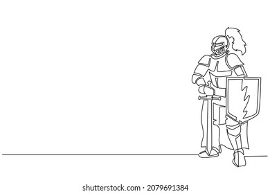 Single continuous line drawing medieval knight standing in armor and helmet holding shield and sword. Medieval heraldry symbol. Historical ancient military. One line draw design vector illustration