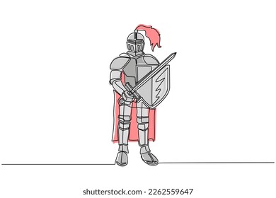 Einzelne durchgehende Linie ziehen mittelalterlichen Ritter in Rüstung, Kap, Helm mit Feder. Krieger mittleren Alters stehen und halten Schwert und Schild. Chivalry Figur. Grafikkarte für eine Zeile