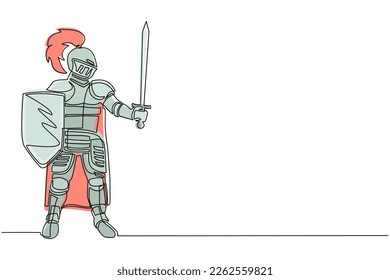 Single continuous line drawing medieval knight in armor, cape and helmet with feather. Warrior of middle ages standing, holding shield and raised sword. Chivalry figure. One line draw design vector