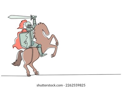 Una sola línea continua dibujando un caballo medieval armado. Histórico carácter militar antiguo. Príncipe con espada y escudo. Antiguo luchador. vector de diseño gráfico de tracción dinámica de una línea