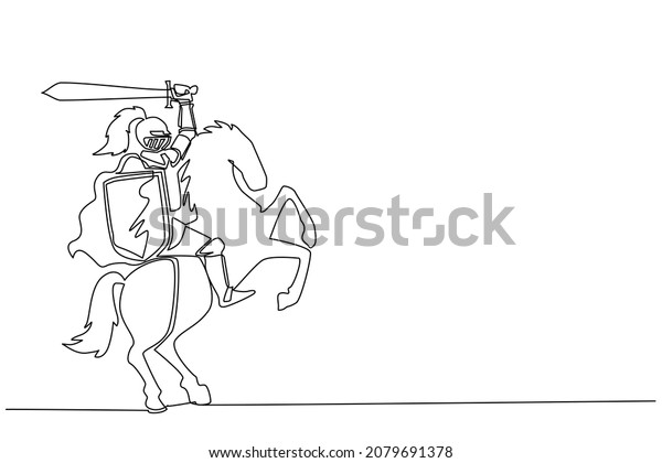 Single continuous line drawing medieval armed\
knight riding horse. Historical ancient military character. Prince\
with sword and shield. Ancient fighter. Dynamic one line draw\
graphic design vector