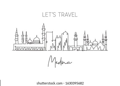Single continuous line drawing Medina skyline Saudi Arabia. Famous city scraper landscape postcard print art. World travel destination concept. Modern one line draw design vector graphic illustration