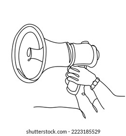 Single continuous line drawing of Megaphone announcement, One continuous single line drawing of hand hold horn isolated.