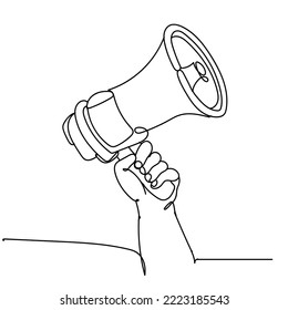 Single continuous line drawing of Megaphone announcement, One continuous single line drawing of hand hold horn isolated.